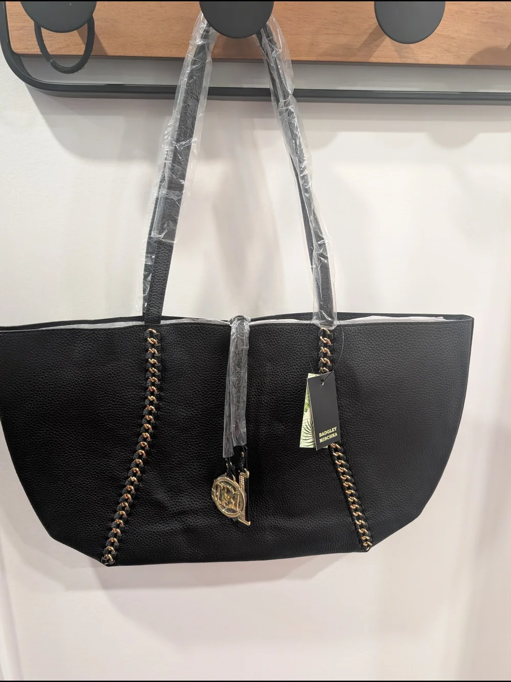Badgley Mischka Black Tote with Gold Chain Trim